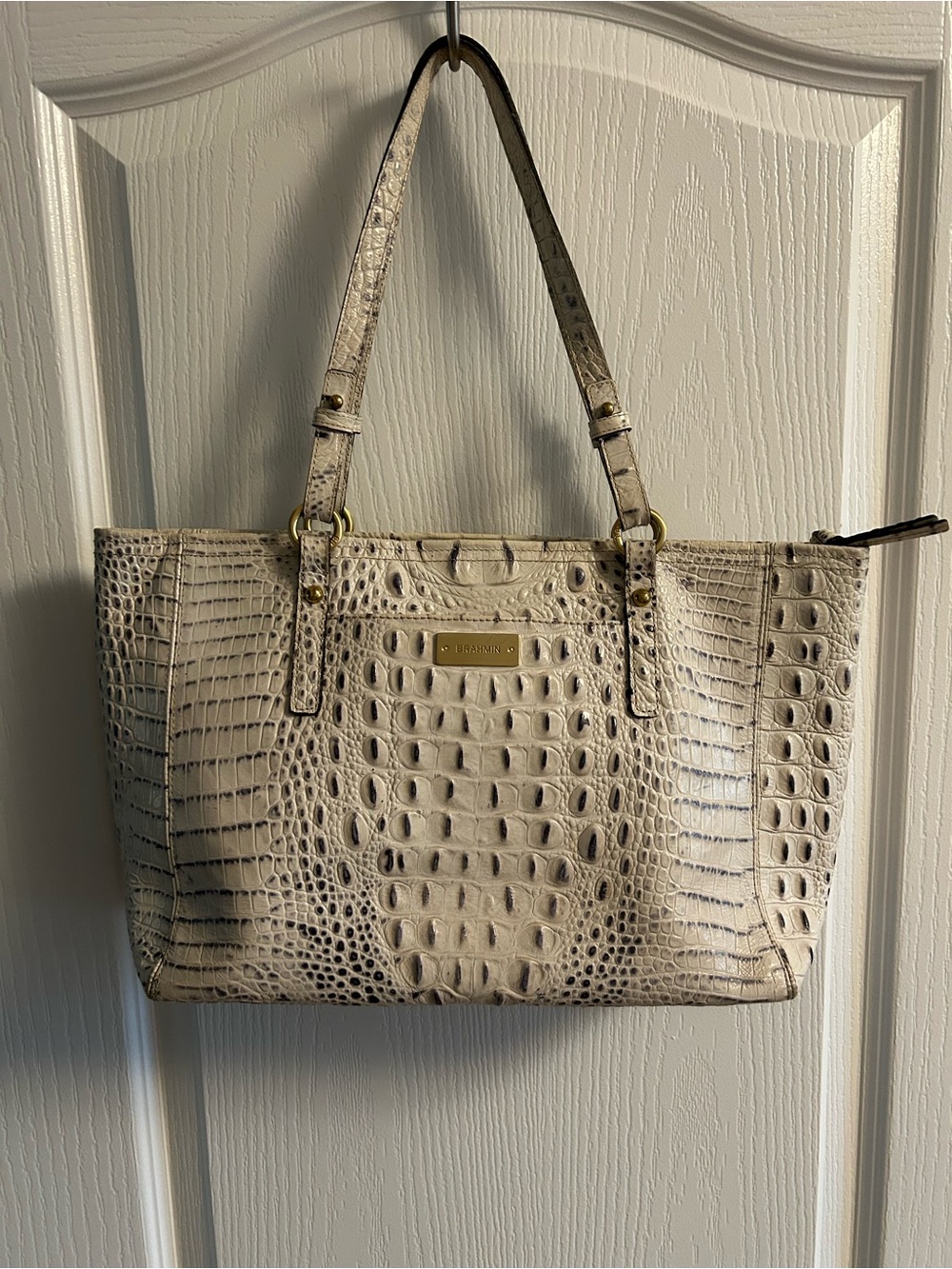 Brahmin Croc-Embossed Tote in Ivory with Taupe Accents